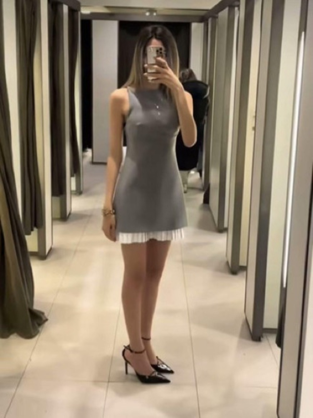 NWT Wool ! Sleeveless Grey Knit Mini Dress with Pleated Hem